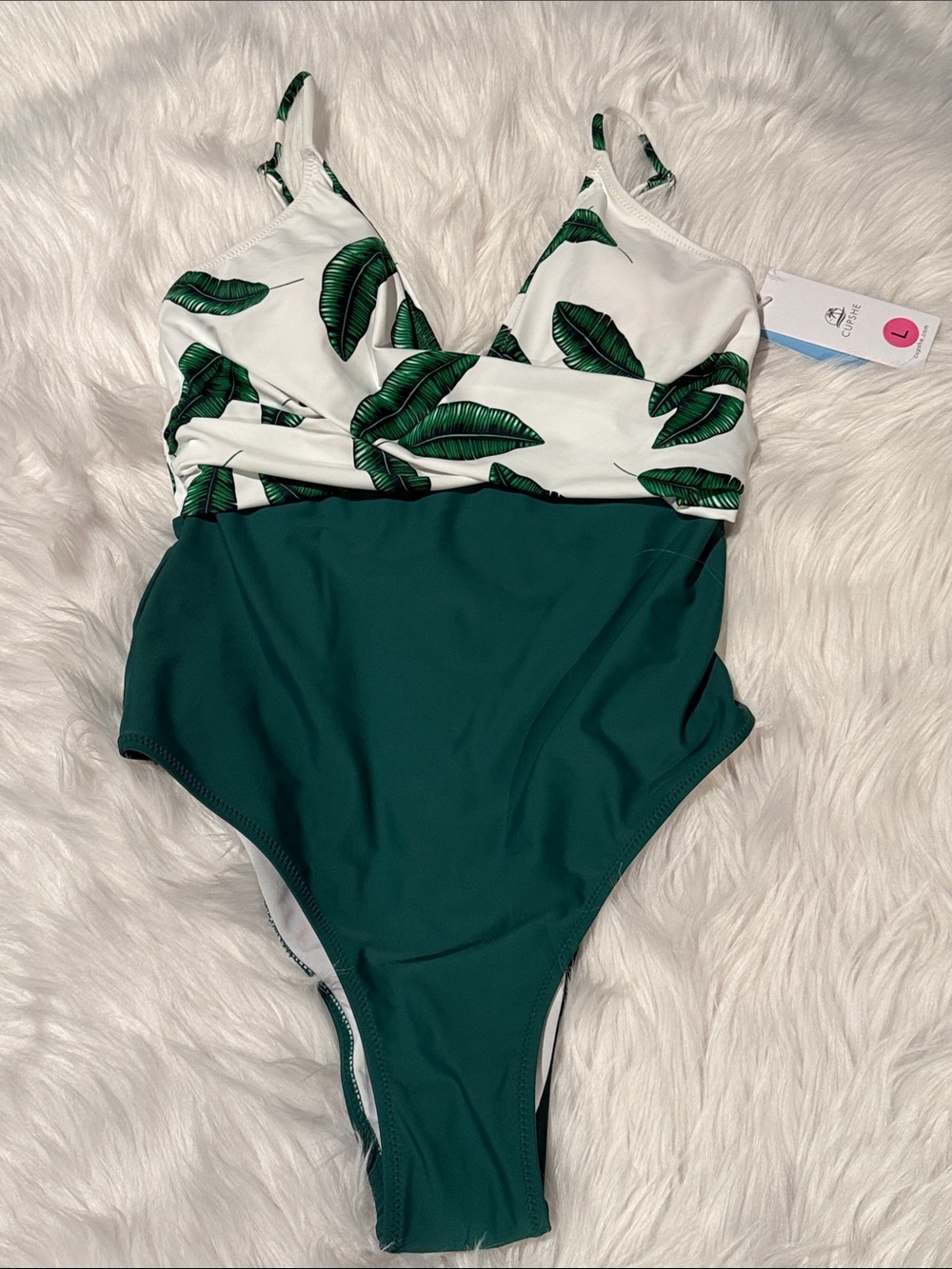 White & Dark Green Leaf-Pattern One-Piece Swimsuit